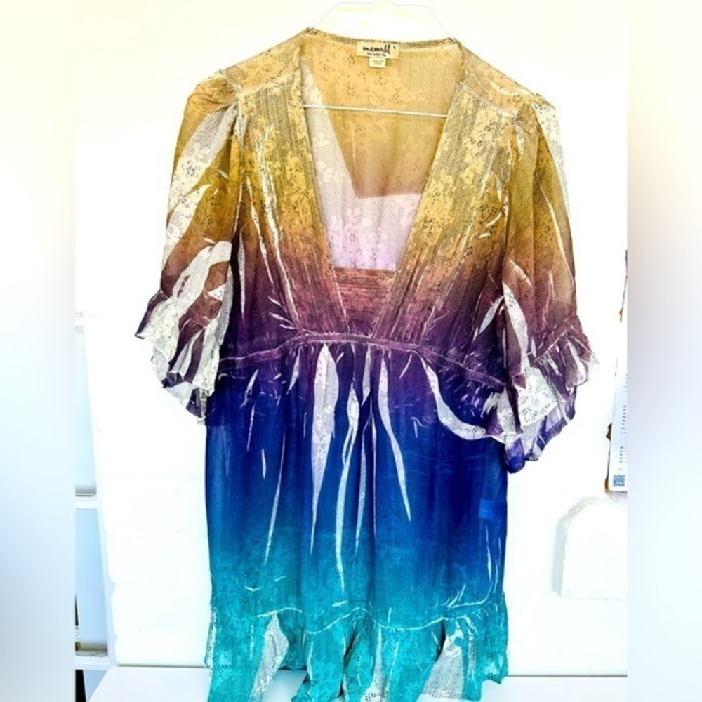 One World Let & Let Live Tunic Ombré Green-Teal Purple & Brown Size L 2000’s
